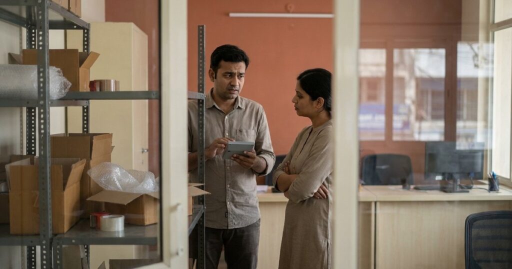 Two Indian startup founders discuss spending and growth in an office, illustrating burn multiple decisions.
