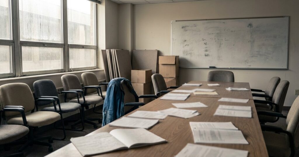 Empty office space with scattered papers, symbolizing BluSmart's governance failure in its collapse.