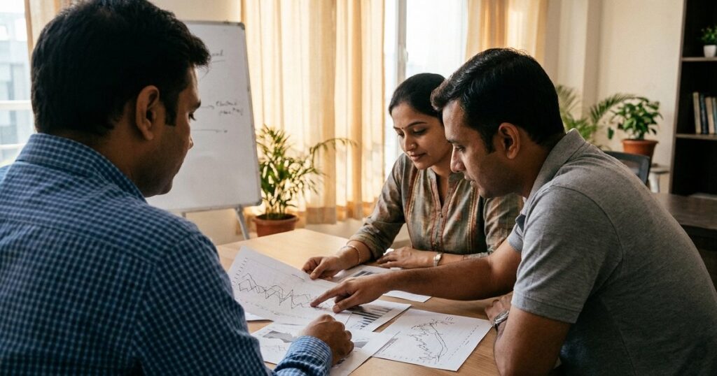 Indian startup team reviews growth charts in a sunlit meeting, aligning with strategic hiring readiness for growth.