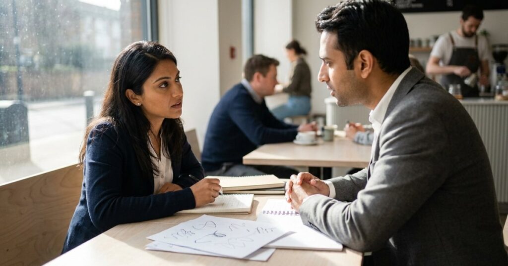 Indian entrepreneur and investor in deep discussion at a bright café table, symbolizing patient capital investment.