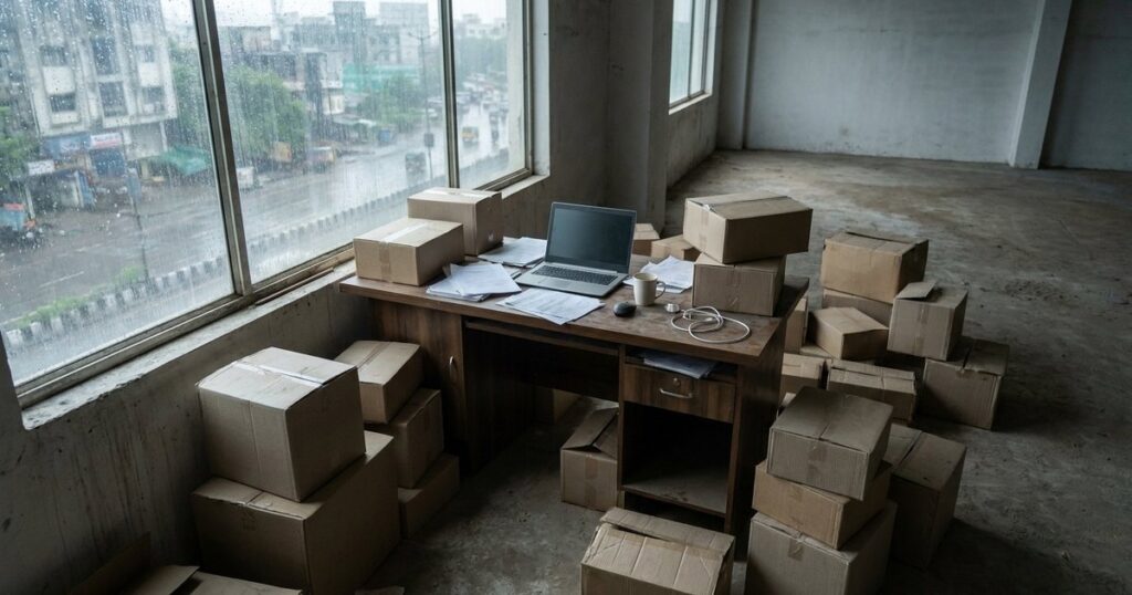 An abandoned warehouse desk with boxes, symbolizing Dunzo's failed quick-commerce pivot in India.