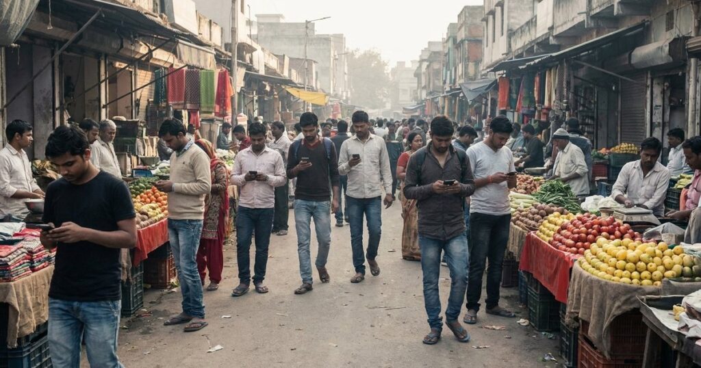Gen Z's mobile-first behavior seen in a lively Indian street market with young people using smartphones.