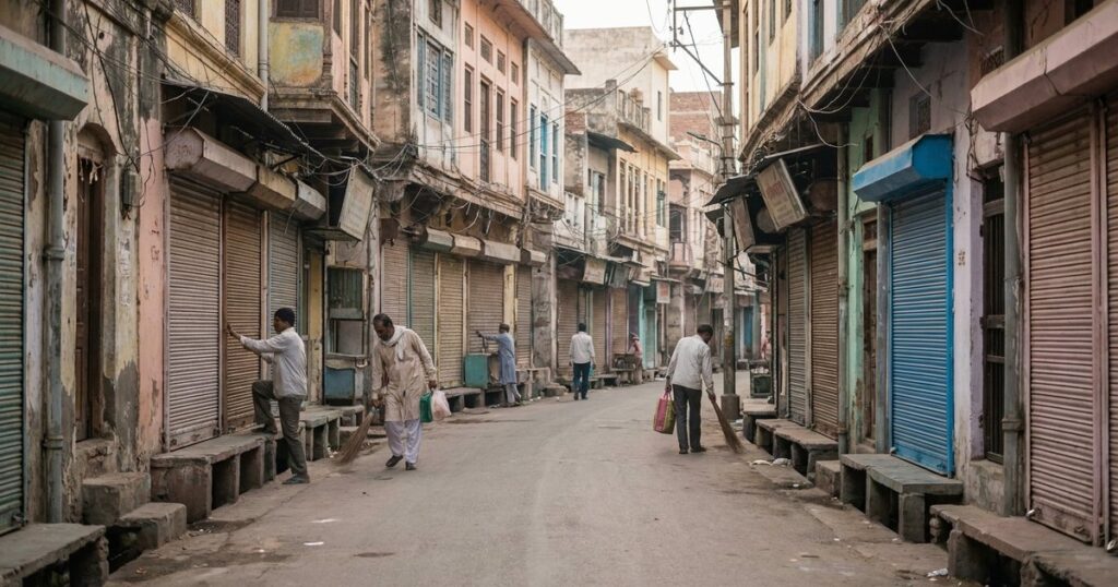 Early morning in a Tier-3 Indian city with shops and locals, illustrating opportunities beyond metro markets.