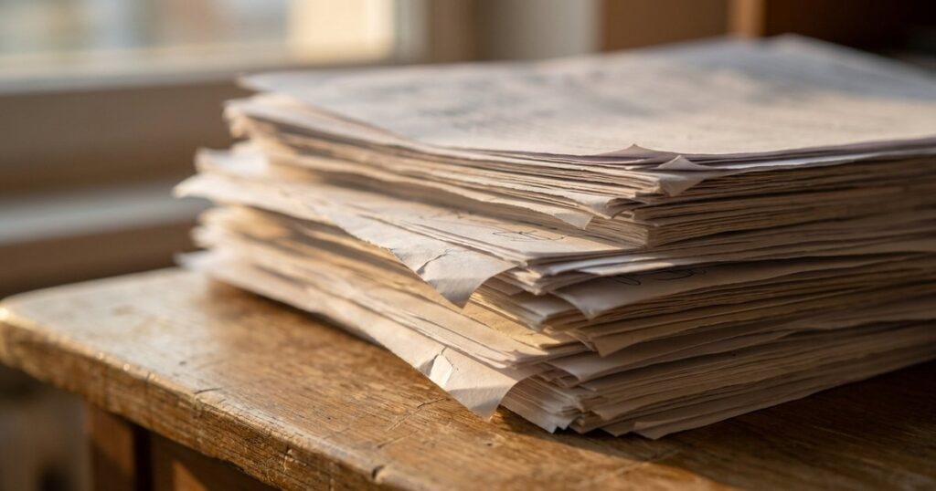 Close-up of assorted papers on a wooden desk, representing the complexity of crowdsourced innovation in Indian startups.