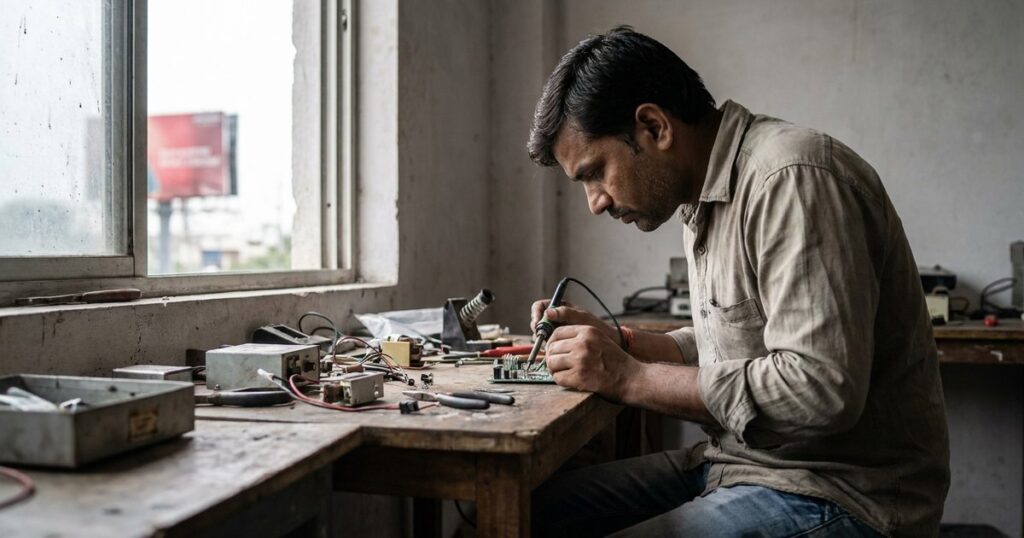 An entrepreneur works in a Tier 3 city setting, illustrating India's startup focus beyond metro cities.