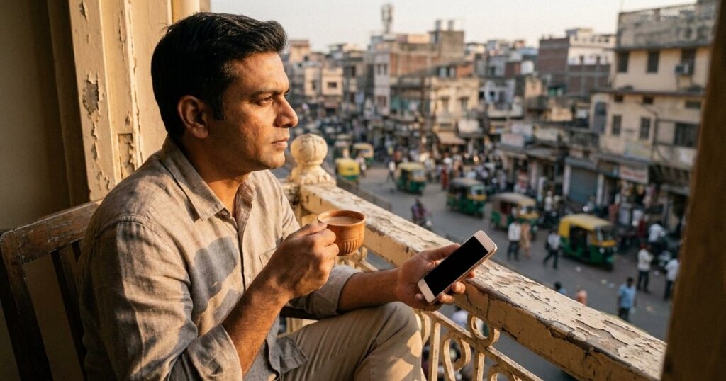 Indian founder balancing work-life on a balcony with chai and smartphone, reflecting on family and business challenges.